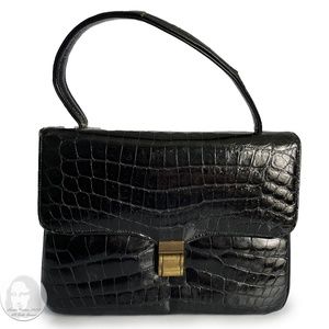 Vintage Handbag Top Handle Accordion Alligator Crocodile Black Glossy 1950s
